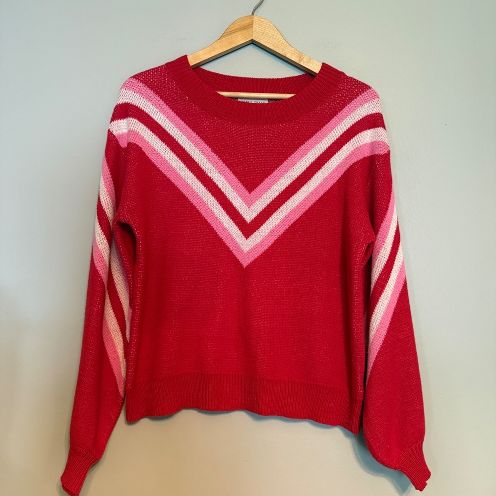 Honey Punch Womens Red Pink Chevron Stripe Crew Neck Knit Sweater Small‎ 20476